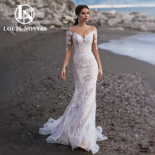 LOUIS NOVIAS Свадебные платья русалки для невесты с длинным рукавом и невидимым вырезом, свадебное платье с иллюзией и аппликацией, Vestidos De Novia