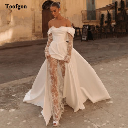Toofan A Line Атласные кружевные свадебные платья Свадебные платья по индивидуальному заказу с разрезом и длинными рукавами Корсет сзади Платье для фотосъемки невесты 2025