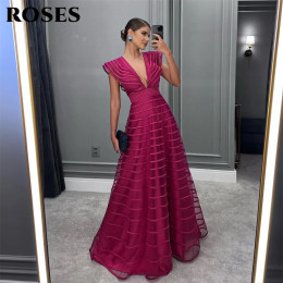 ROSES A Line Фуксия Вечерние платья Плиссированное платье без рукавов для выпускного вечера для женщин Глубокий V-образный вырез Свадебное платье robe de bal Индивидуальное