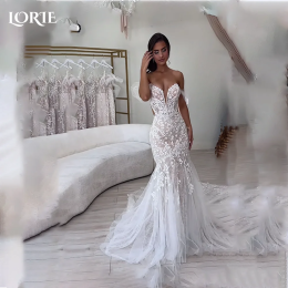 LORIE Boho Свадебное платье русалки с кружевной аппликацией и открытой спиной, облегающее платье невесты с открытыми плечами и хвостом, свадебные платья по индивидуальному заказу