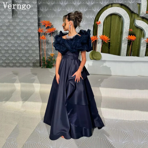 Verngo темно-синее атласное вечернее платье с открытыми плечами, трапециевидное платье для выпускного вечера, простые элегантные арабские платья для выпускного вечера по индивидуальному заказу