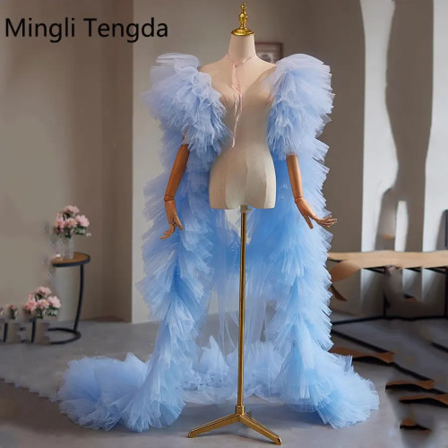 Mingli Tengda шаль невесты небесно-голубое элегантное женское болеро нерегулярный тюлевой плащ накидка на руку свадебные аксессуары перспектива