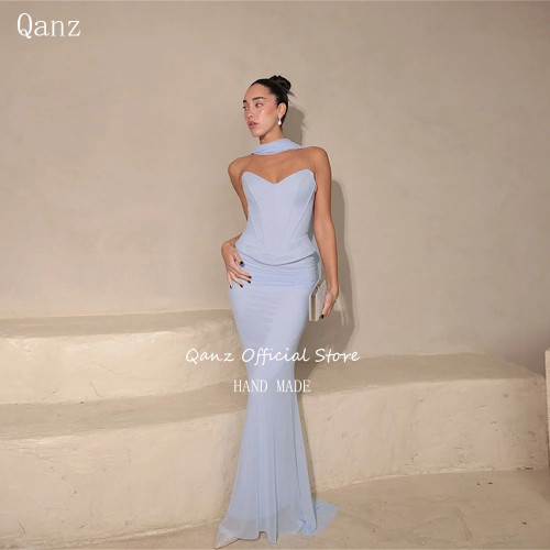 Qanz Голубые шифоновые платья для выпускного вечера Русалка Modst Vestidos De Fiesta Корсет без бретелек сзади Robe De Soirée Женский индивидуальный заказ