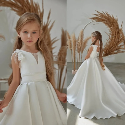 Платье с цветочным узором для девочек по индивидуальному заказу на свадьбу, атласное платье трапециевидной формы с 3D цветами и бисером, длинное праздничное платье на день рождения, платье для первого причастия
