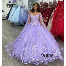 Сиреневое платье с открытыми плечами и плащом Quinceanera, бальное платье с аппликацией и цветами, платья принцессы Sweet 16, выпускное платье