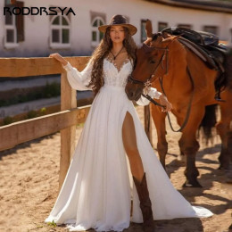 RODDRSY Свадебное платье с длинными рукавами, свадебное платье с завязанными шнуркамиШифоновые Свадебные платья RODDRSY с длинными рукавами-фонариками, трапециевидные, со шнуровкой, с круглым вырезом и Боковым Разрезом