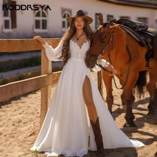 RODDRSY Свадебное платье с длинными рукавами, свадебное платье с завязанными шнуркамиШифоновые Свадебные платья RODDRSY с длинными рукавами-фонариками, трапециевидные, со шнуровкой, с круглым вырезом и Боковым Разрезом