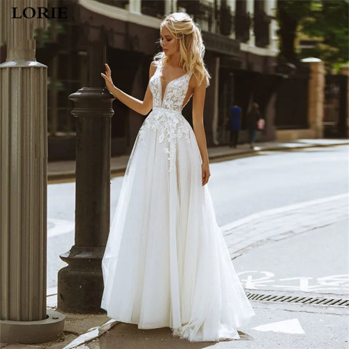 LORIE Ivory Boho Кружевные свадебные платья трапециевидной формы без рукавов с аппликациями сексуальные свадебные платья с v-образным вырезом пышные тюлевые свадебные платья по индивидуальному заказу
