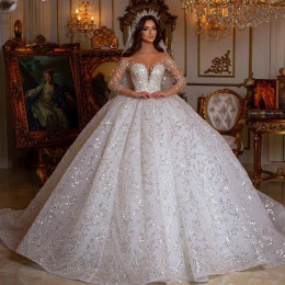 Haute Couture Великолепное платье невесты с милой длинными рукавами и вышивкой из тюля с блестками длиной до пола, бальное платье, свадебное платье