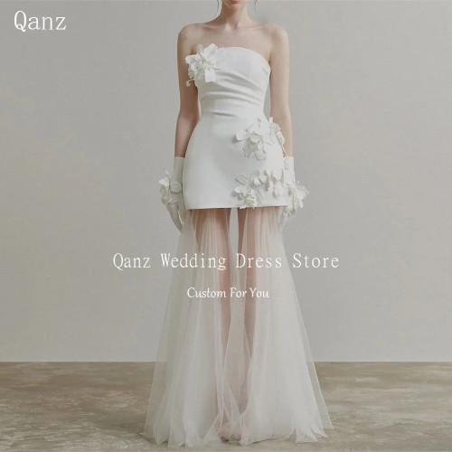 Классическое платье Qanz цвета слоновой кости Vestidos De Novia Boda, прозрачное свадебное платье трапециевидной формы с цветами и открытой спиной, вечерние платья по индивидуальному заказу
