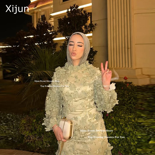 Xijun Зеленые роскошные вечерние платья с 3D цветами Скромные мусульманские платья для выпускного вечера Саудовская Аравия с длинными рукавами Пром платья 2025 по индивидуальному заказу