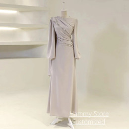 Вечернее платье в арабском стиле по индивидуальному заказу, элегантное платье для выпускного вечера в Саудовской Аравии с круглым вырезом и пышными рукавами, со складками и хрустальными камнями, длиной до пола