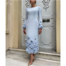 Kobe Blue 3D Flower Mom Pretended Prom Dress Four-Way Stretch Свадебные платья с круглым вырезом и длинными рукавами, платья de noche по индивидуальному заказу