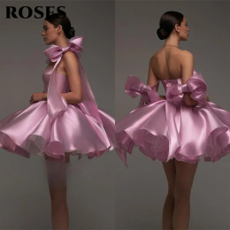 ROSES Розовые шикарные вечерние платья Милое атласное короткое платье Пром платья с объемной юбкой и бантами robe de bal Индивидуальные