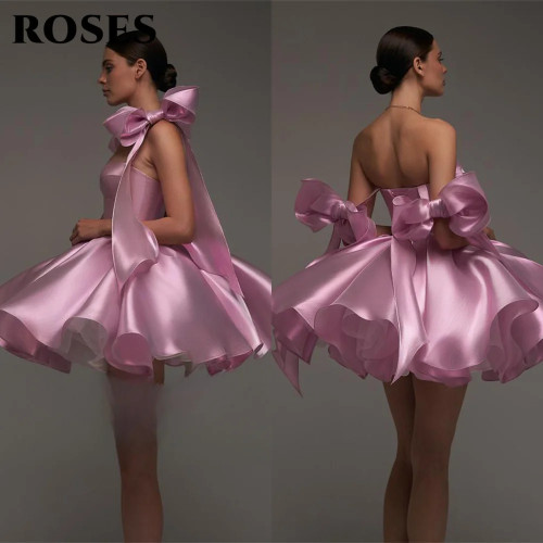 ROSES Розовые шикарные вечерние платья Милое атласное короткое платье Пром платья с объемной юбкой и бантами robe de bal Индивидуальные