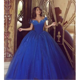 Королевское синее платье Золушки Quinceanera, бальное платье с открытыми плечами, пышное тюлевое вечернее платье с бисером Sweet 16, платье