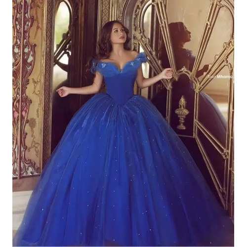 Королевское синее платье Золушки Quinceanera, бальное платье с открытыми плечами, пышное тюлевое вечернее платье с бисером Sweet 16, платье