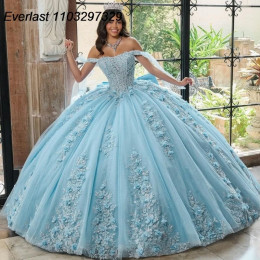 EVLAST синее платье Quinceanera по индивидуальному заказу, бальное платье, кружевная аппликация, расшитый бисером и кристаллами, бант, корсет Sweet 16, Vestidos De 15 Anos TQD752
