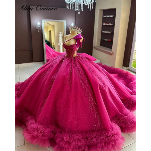 Ярко-розовые платья принцессы Quinceanera, 2025 г., кристаллы из бисера, многоуровневые оборки, вечерние платья на 15-й день рождения, милое платье 16, бальное платье по индивидуальному заказу