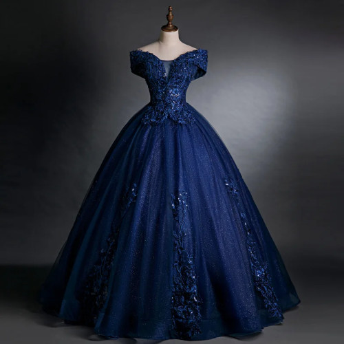 Индивидуальное темно-синее бальное платье Quinceanera, платья с открытыми плечами и аппликациями, платья для выпускного вечера, дня рождения, торжественное платье De 15 Anos
