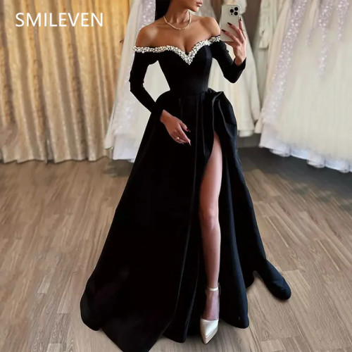 Smileven Скромное платье трапециевидной формы с аппликацией из бисера, черное элегантное платье для выпускного вечера с открытыми плечами, вечернее платье с разрезом по бокам, по индивидуальному заказу, 2025 г.