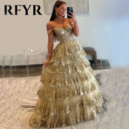 RFYR пышное золотое вечернее платье с открытыми плечами Vestidos De Noche Милое многослойное платье для выпускного вечера с аппликацией вечернее платье по индивидуальному заказу