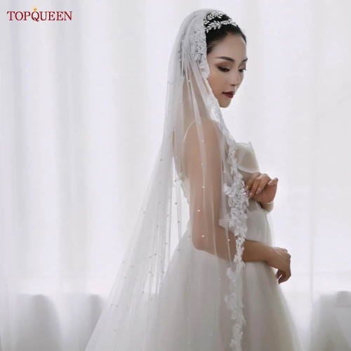 TOPQUEEN V82 свадебная вуаль с бисером жемчужная Фата Соборная длина кружевная кромка 1 слой свадебная вуаль Высокое качество белые слоновая кость Длинные вуали