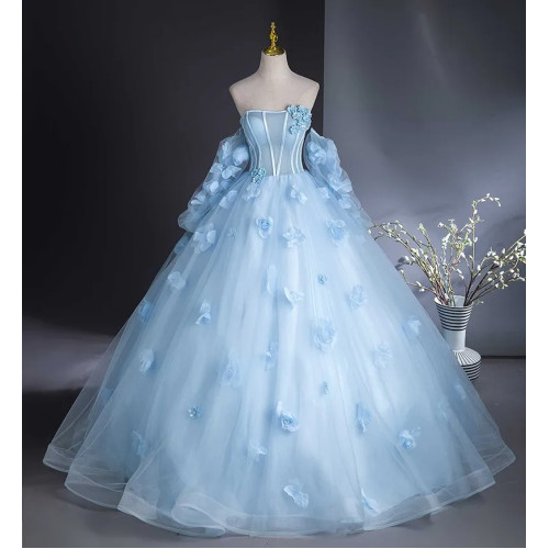 Голубое съемное платье Quinceanera с длинными рукавами, атласное платье без бретелек, милые платья Quinceanera, платья для выпускного вечера по индивидуальному заказу