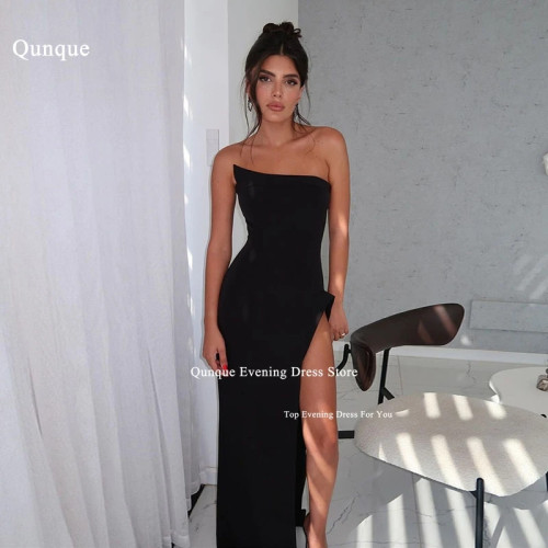 Qunque Elegant Women Evening Dresses Simple Black Mermaid Party Dress Sexy Off Shoulder High Slit Customized Vestidos De Fiesta