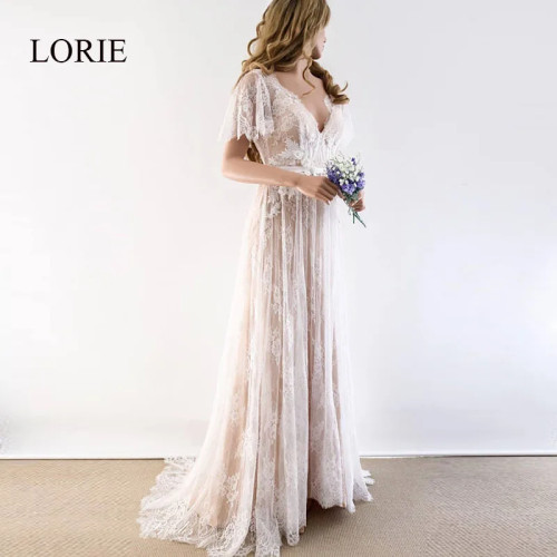 LORIE Boho Свадебное платье с v-образным вырезом и короткими рукавами, кружевное пляжное свадебное платье с 3D цветами и открытой спиной, индивидуальные богемные платья трапециевидной формы для невесты