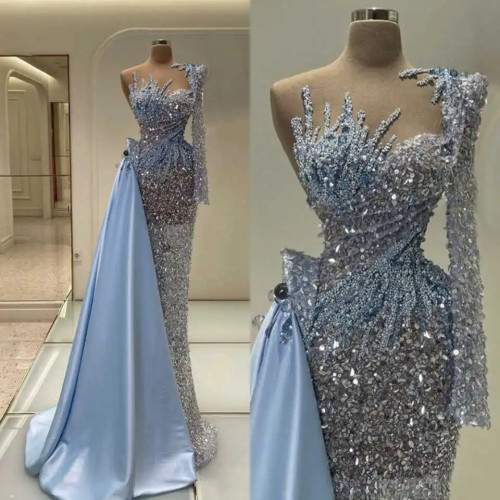Stylish Mermaid Prom Dress Beading Pearls Sequins Evening Dresses with Detachable Train Party Dress Formal Occasion Customized