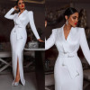 Белый женский пиджак на заказ, тонкий пиджак больших размеров с поясом, вечерняя одежда для выпускного вечера, атласная одежда на заказ