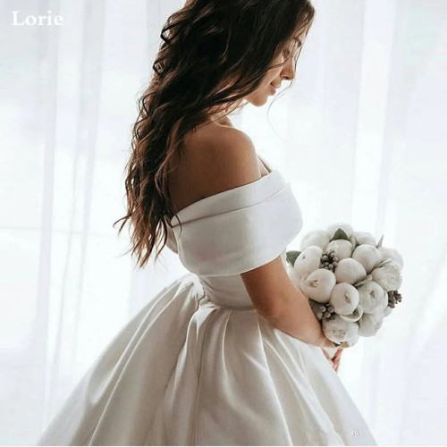 LORIE Свадебные платья принцессы, атласное винтажное свадебное платье с открытыми плечами, белое свадебное бальное платье с длинным шлейфом на заказ