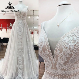 A Line Boho Blush Pink Свадебное платье на тонких бретельках Кружева Тюль с V-образным вырезом Без рукавов с открытой спиной trouwjurk Robe de mariee по индивидуальному заказу