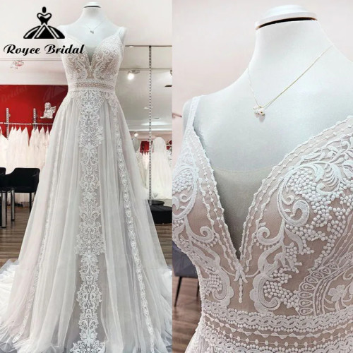 A Line Boho Blush Pink Свадебное платье на тонких бретельках Кружева Тюль с V-образным вырезом Без рукавов с открытой спиной trouwjurk Robe de mariee по индивидуальному заказу