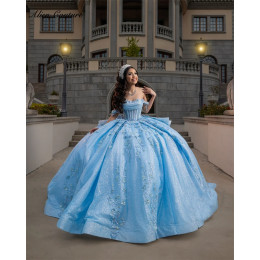 Небесно-голубое бальное платье Quinceanera, жемчуг, цветы, аппликации из бисера, милое платье 16, Vestidos De 15 Años, 2025 г., по индивидуальному заказу