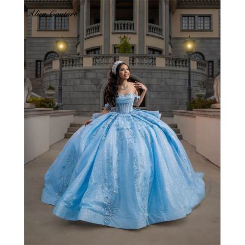 Небесно-голубое бальное платье Quinceanera, жемчуг, цветы, аппликации из бисера, милое платье 16, Vestidos De 15 Años, 2025 г., по индивидуальному заказу