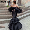ROSES Черное длинное пышное вечернее платье русалки, многоуровневое вечернее платье с пышными рукавами для свадьбы, платье для особых случаев по индивидуальному заказу