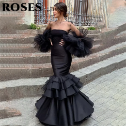 ROSES Черное длинное пышное вечернее платье русалки, многоуровневое вечернее платье с пышными рукавами для свадьбы, платье для особых случаев по индивидуальному заказу