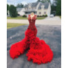 Красное длинное платье для выпускного вечера для черных девочек 2025, расшитое бисером и кристаллами платья для дня рождения, вечернее платье с оборками, Русалка с высоким разрезом по индивидуальному заказу