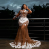 Вечерние платья Aso Ebi, прозрачные длинные рукава, прозрачные платья русалки с бисером, платье для выпускного вечера больших размеров, длинное тюлевое платье с аппликацией