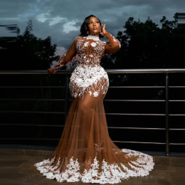 Вечерние платья Aso Ebi, прозрачные длинные рукава, прозрачные платья русалки с бисером, платье для выпускного вечера больших размеров, длинное тюлевое платье с аппликацией