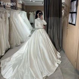 Атласное свадебное платье Verngo цвета слоновой кости с высоким воротом и длинными рукавами, платья невесты, скромные свадебные платья трапециевидной формы с мультизмом по индивидуальному заказу