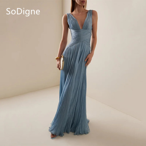 SoDigne А-силуэта арабские вечерние платья на тонких бретельках с глубоким v-образным вырезом плиссированное платье для выпускного вечера длиной до пола, вечернее платье для выпускного вечера 2025 по индивидуальному заказу