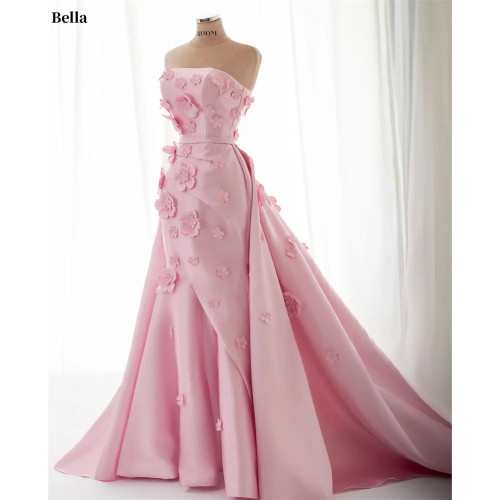 Bella Pink Straples Robes De Soirée 3D цветы Русалка со съемным шлейфом Пром платья без рукавов Свадебное платье по индивидуальному заказу 2024