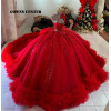 Красное пышное бальное платье со шлейфом и рюшами Платье Quinceanera с бантом на одно плечо Аппликации из бисера Sweet 15, Vestidos De 15 Años по индивидуальному заказу