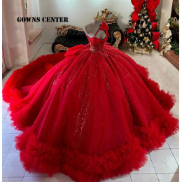 Красное пышное бальное платье со шлейфом и рюшами Платье Quinceanera с бантом на одно плечо Аппликации из бисера Sweet 15, Vestidos De 15 Años по индивидуальному заказу