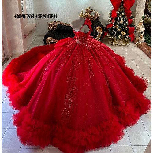 Красное пышное бальное платье со шлейфом и рюшами Платье Quinceanera с бантом на одно плечо Аппликации из бисера Sweet 15, Vestidos De 15 Años по индивидуальному заказу
