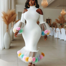 Aso Ebi Белые платья русалки для выпускного вечера Красочные 3d цветы Труба с длинными рукавами Вечерние платья с высоким воротом Вечернее платье для девочек