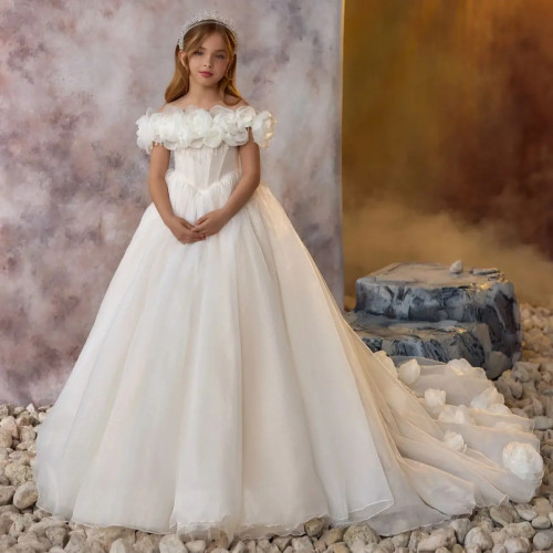 Hand Made Flower Girl Dresses For Wedding Off The Shoulder Customized Litter Kids Baby Birthday Gowns First Communion Dresses